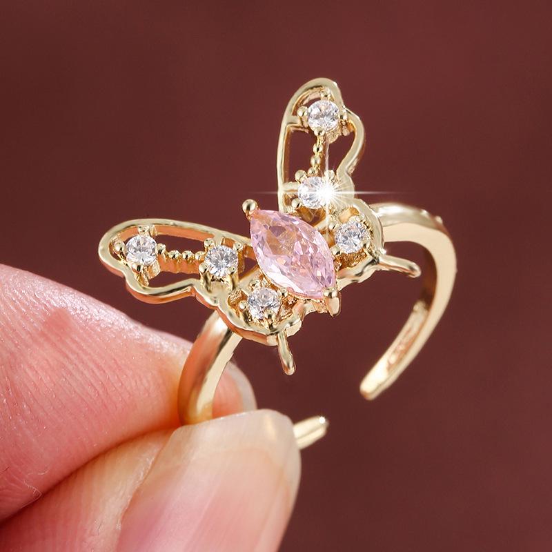 Women's Adjustable Butterfly Ring with Shiny Zircon Inlays, Exquisite Pure Copper Jewelry