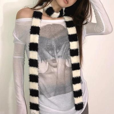 Y2k Aesthetic Colorful Striped Scarf Skinny Belt Long Skinny Scarf Thin Warm Knitted Scarf Women