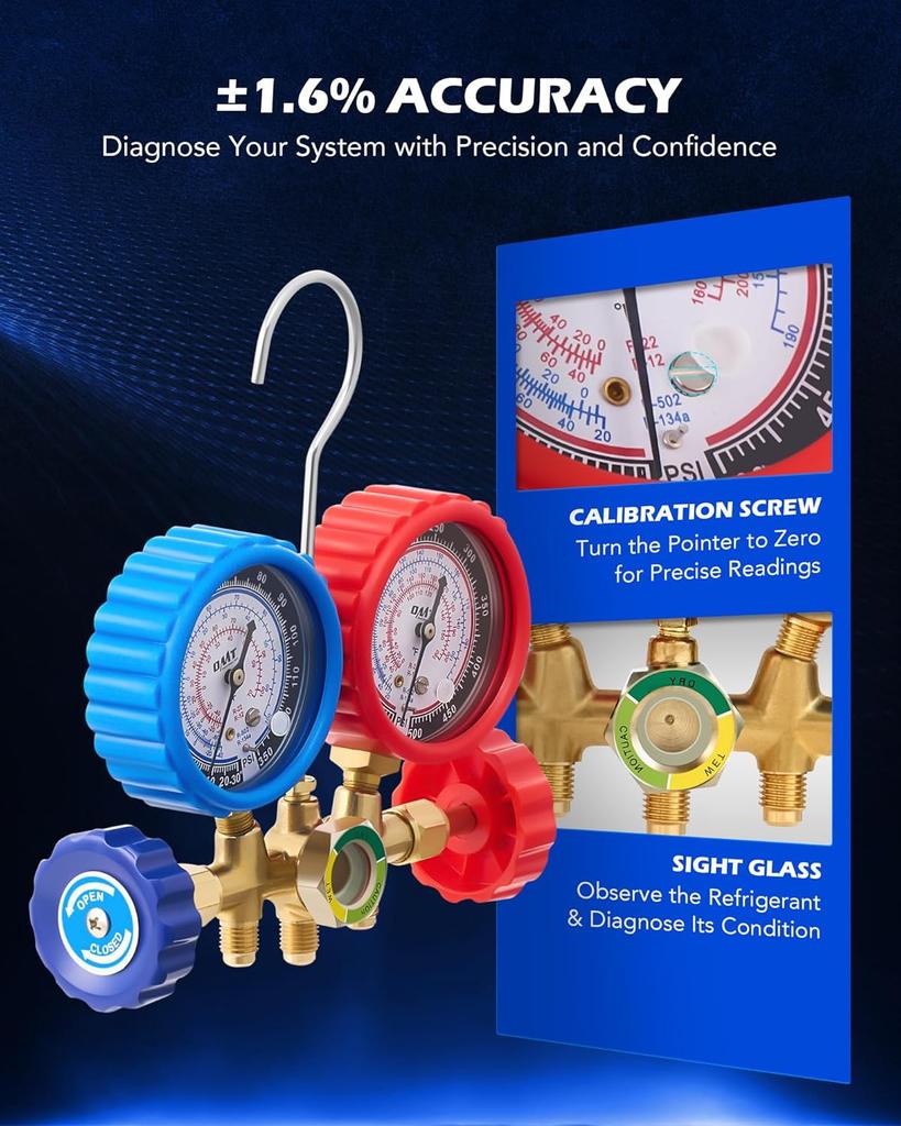 AC Gauge Set with Self-Sealing Tap, R134a R12 R22 R502, 5FT Hoses, Adjustable Couplers, Freon Charge Kit