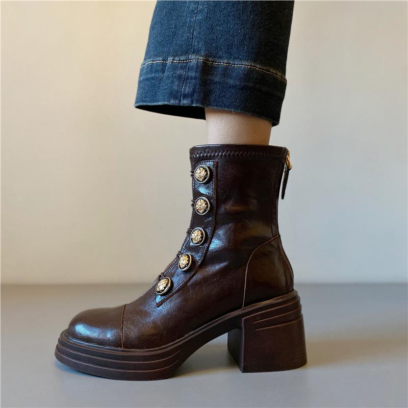 Sheepskin~ High heel 7cm badge Small gold buckle Martin boots Thick sole heightening short boots Women's rear zipper soft sole silent boots