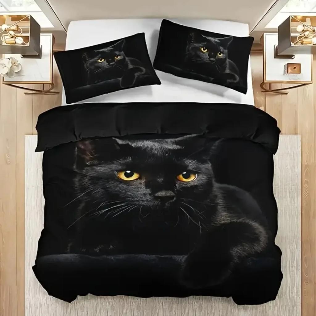 3pcs Cool Black Cat Digital Printed Bedding Gift (1 Duvet Cover, 2 Pillowcases, No Core) or Bedrooms, Guest Rooms