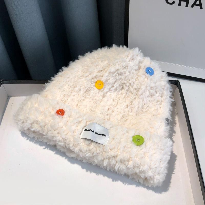 

Шапка женская осенне-зимняя толстая теплая вязаная шапка цветная шерстяная шапка с пуговицами one size fits all белый