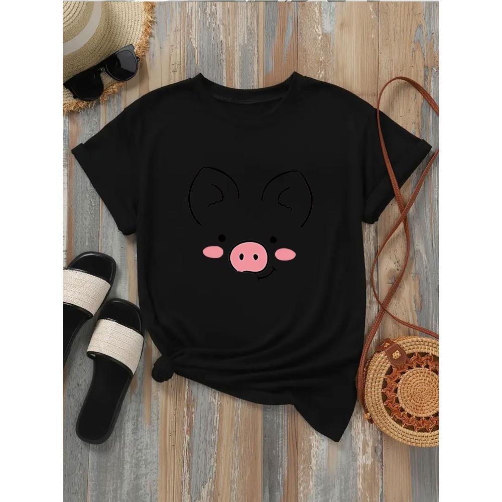 Women's Cute Piggy Face T-shirt with Simple Lines A Cute Piggy Image Printed Summer Roundneck Clothing