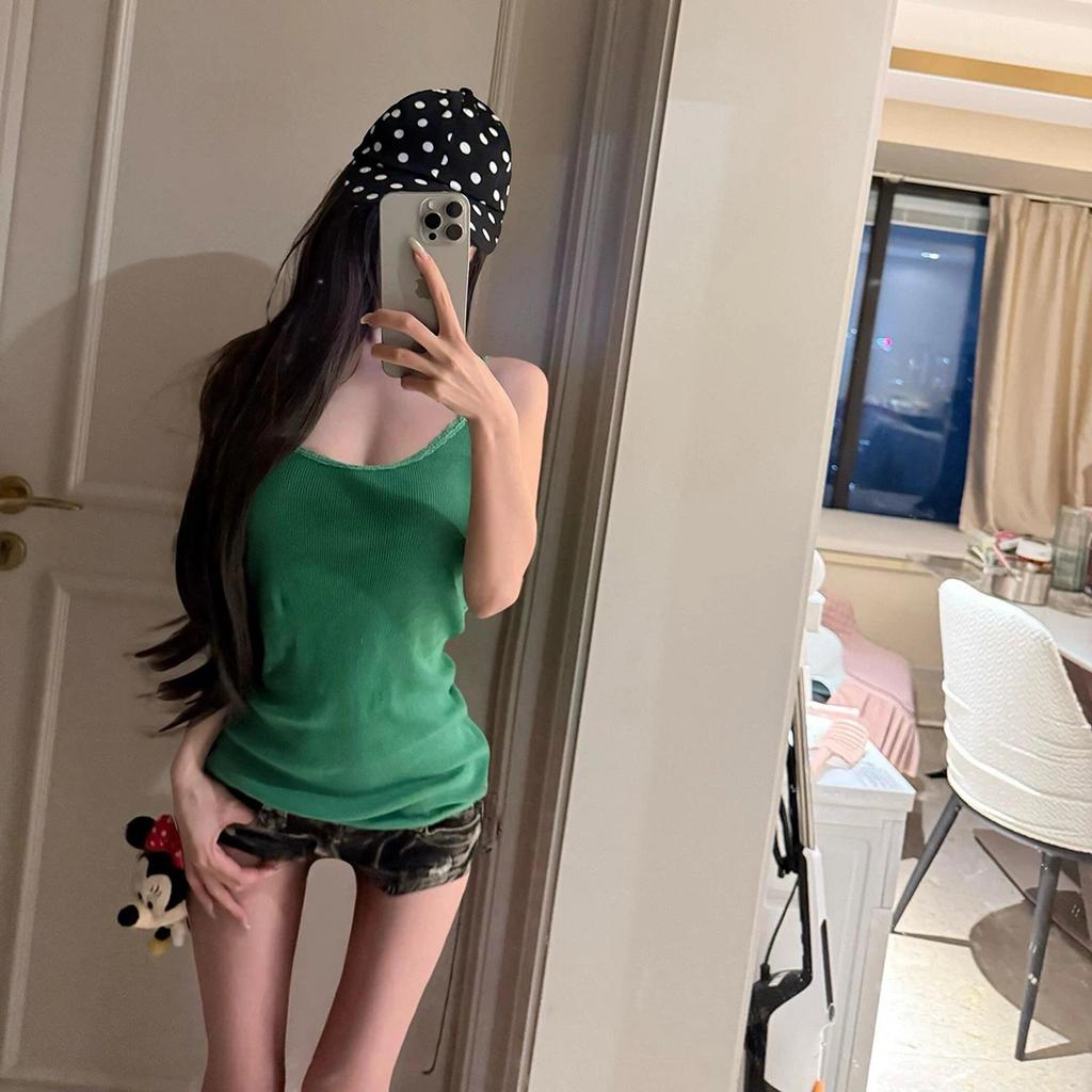Summer new American sexy Spice Girl wind green U-neck sling vest female slim slim and thin versatile top