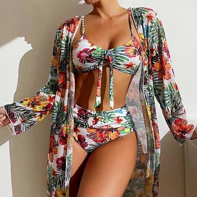 Sexy High Waisted Bikini Three Pieces Floral Printed Swimsuit Women's Bikini Set with Long-Sleeved Blouse