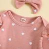 Girls' Heart Print Waffle Romper Set: Long Sleeve Romper, Long Pants & Headband.