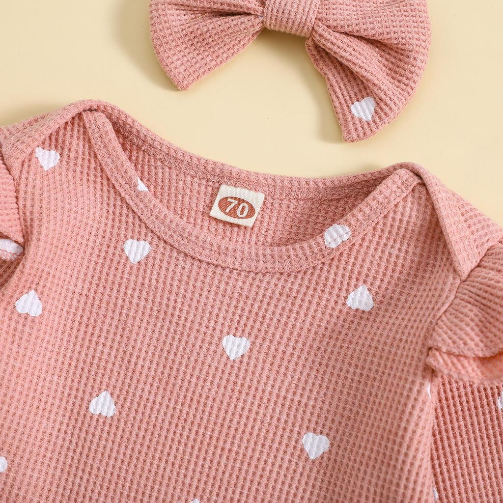Girls' Heart Print Waffle Romper Set: Long Sleeve Romper, Long Pants & Headband.
