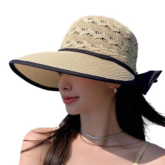 Hollow Out Round Dome Straw Hat Back Bowknot Decor Folding Wide Large Brim Pure Color Beach Hat Fashion Accessories