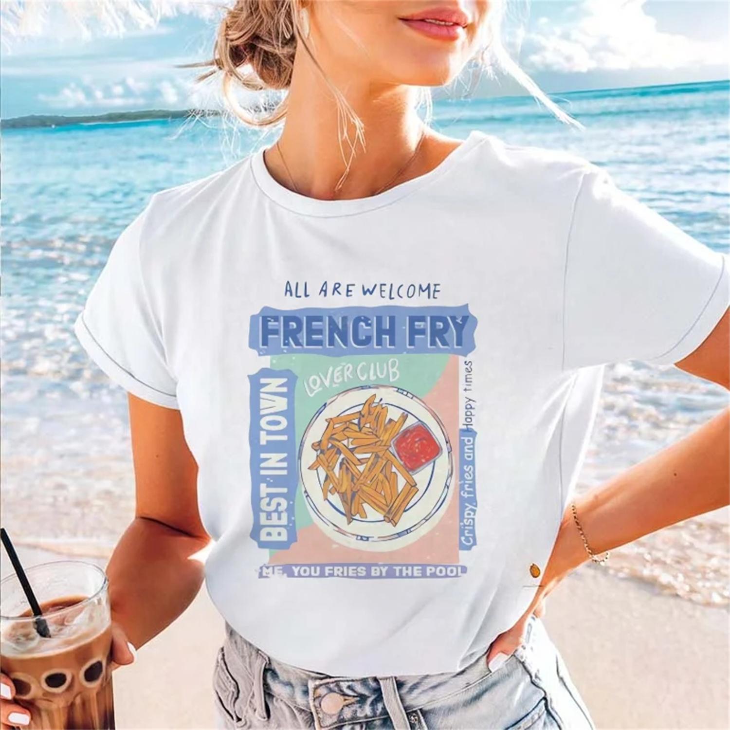 Short Sleeved T-Shirt Printed Fashionable Women s Cartoon French Fries Pattern Cute Women s Top Clothing Regular O-Neck T-Shirt S