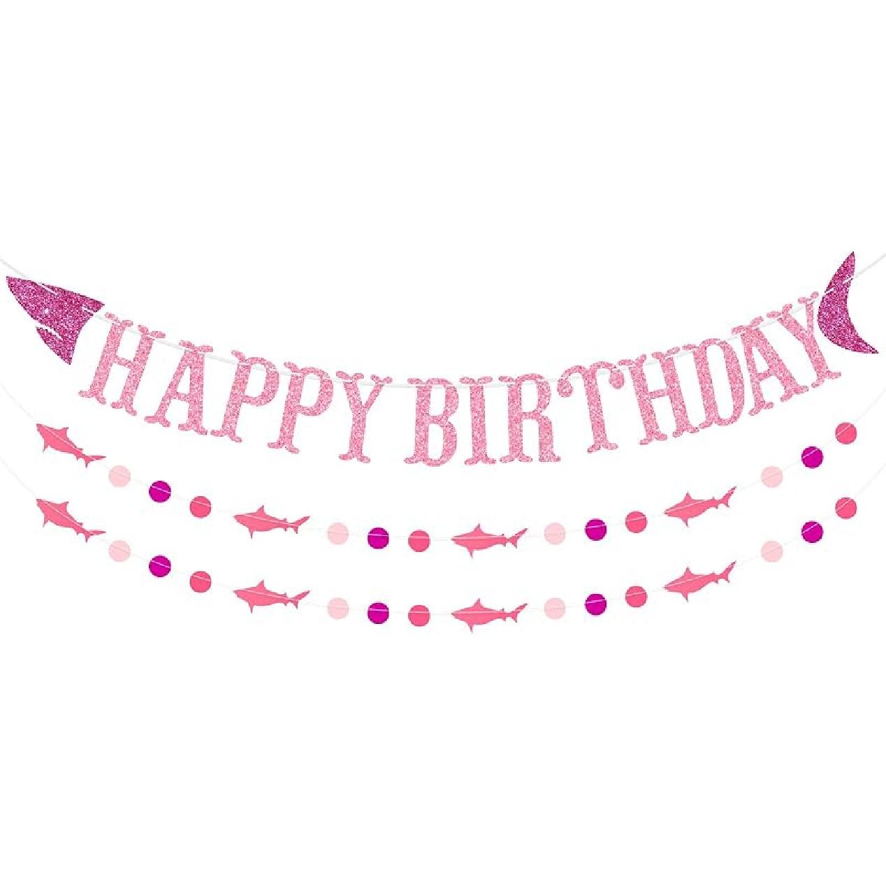 Shark Happy Birthday Banner and Shark Garlands, Ocean Beach Under The Sea Theme Party, Shark Party Supplies (Blue) розовый