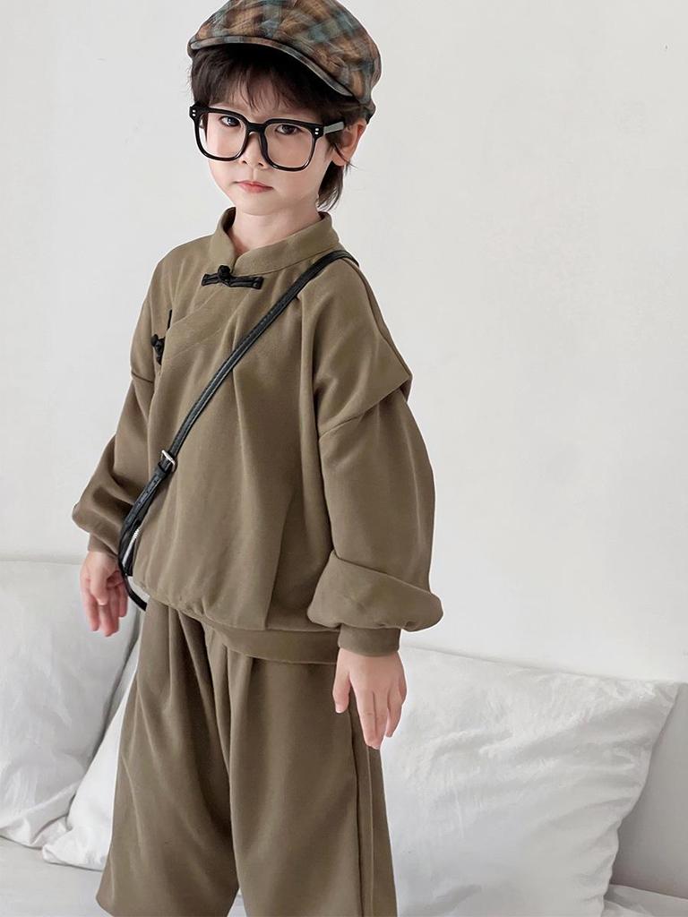 Boys' Retro Chinese Style Casual Set - Autumn 2025: Solid Color Long Sleeve Top & Pants with Frog Buttons