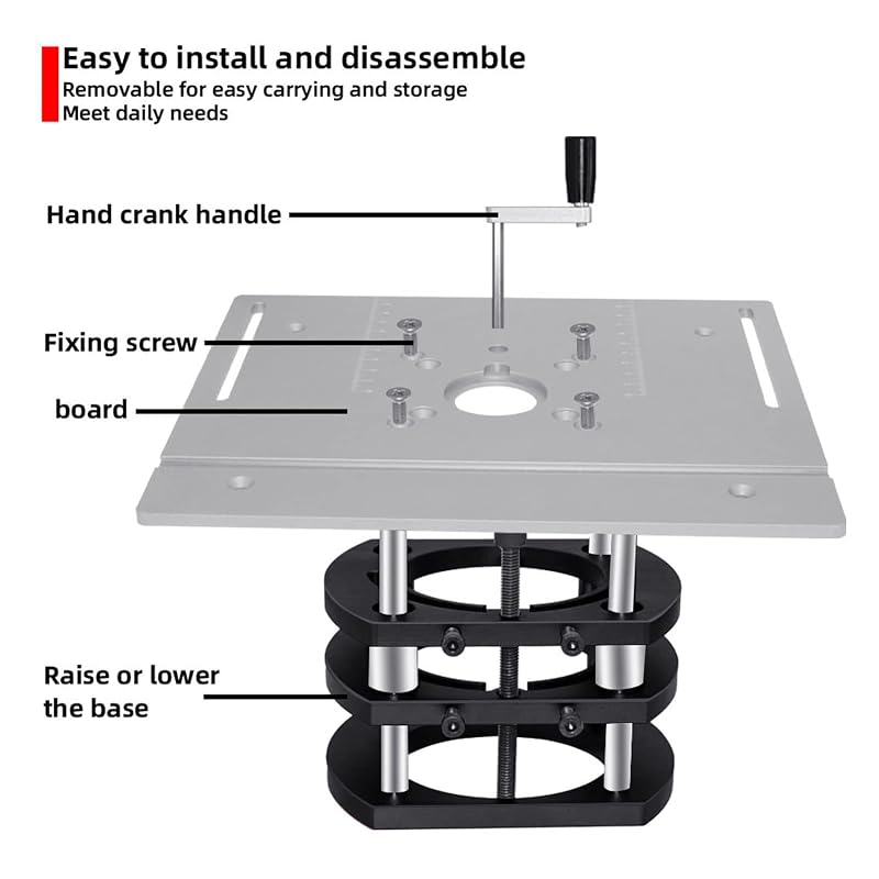 Router lift - lifting system for milling tables. Includes insert plates for woodworking. Compatible with small milling machines. Features 4 jaws and a
