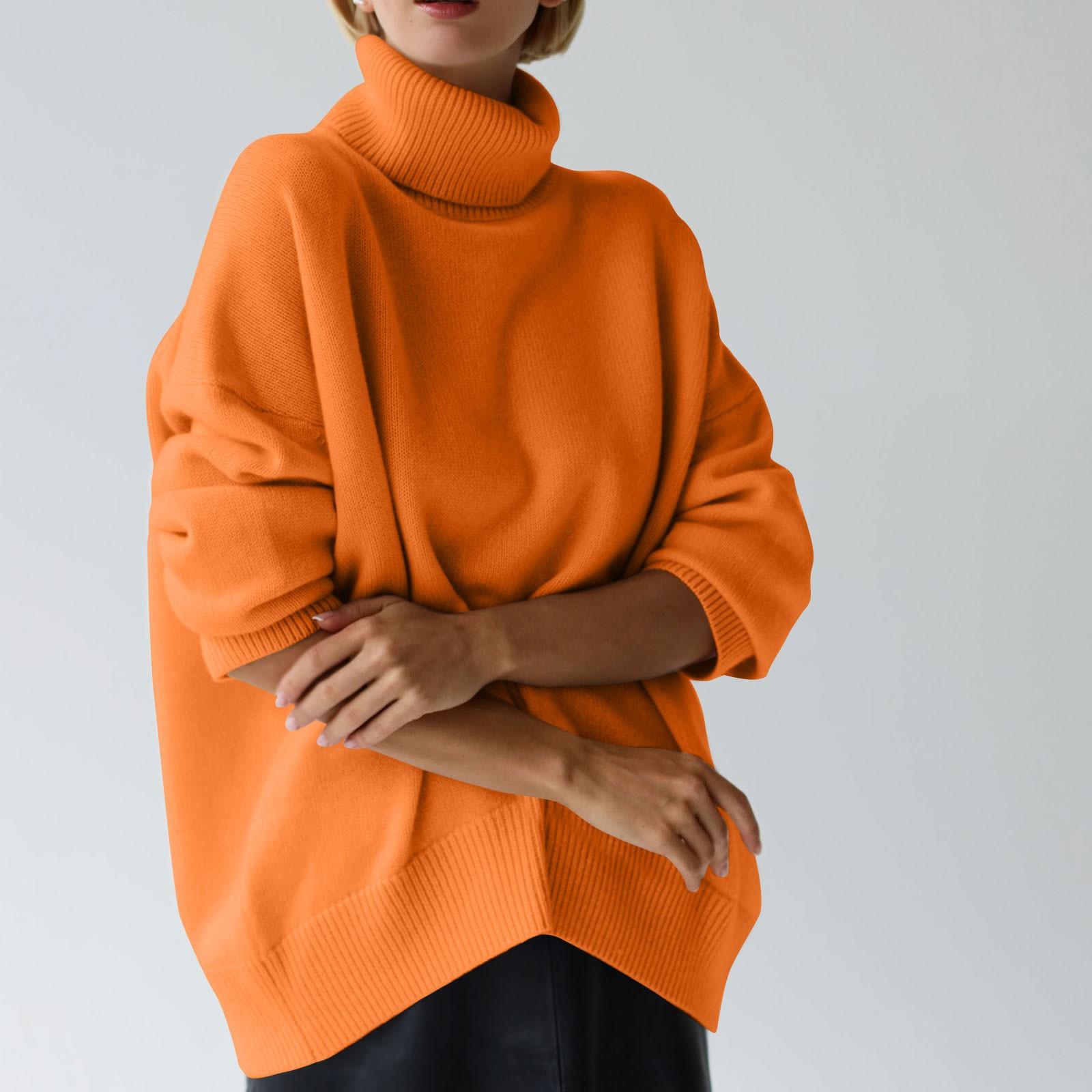 

Женский свитер с высоким воротником, однотонный свободный джемпер с длинными рукавами, вязаный свитер, мягкий пуловер M оранжевый