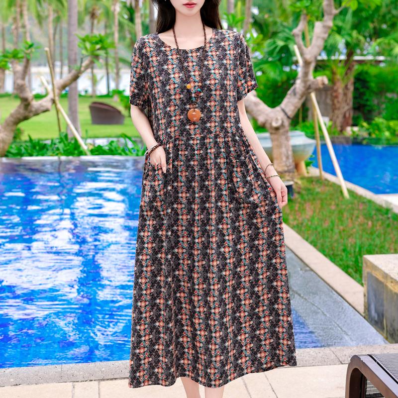 Vintage Print Lange Jurken voor Vrouwen Plus Size Korte Mouw Casual Zomerjurk Elegante Middelbare Leeftijd Dameskleding