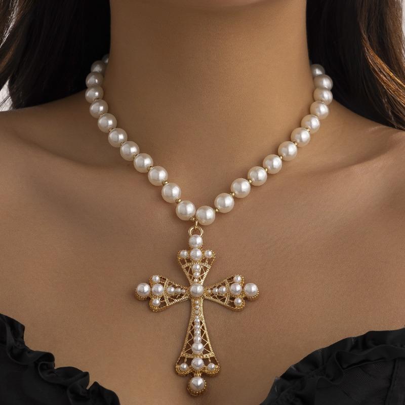 Meier Punk Style Cross Necklace - Dark, Statement-making, Micro-paved Faux Pearl Layered Necklace