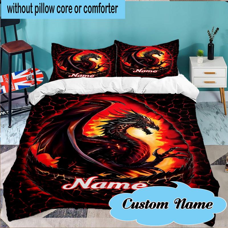 Custom Name 3PCS Fiery Dragon's Majesty Bedding Set Including 1pc Duvet Cover And 2pcs Pillowcases for Bedroom, Dormitory Gift Home Decor