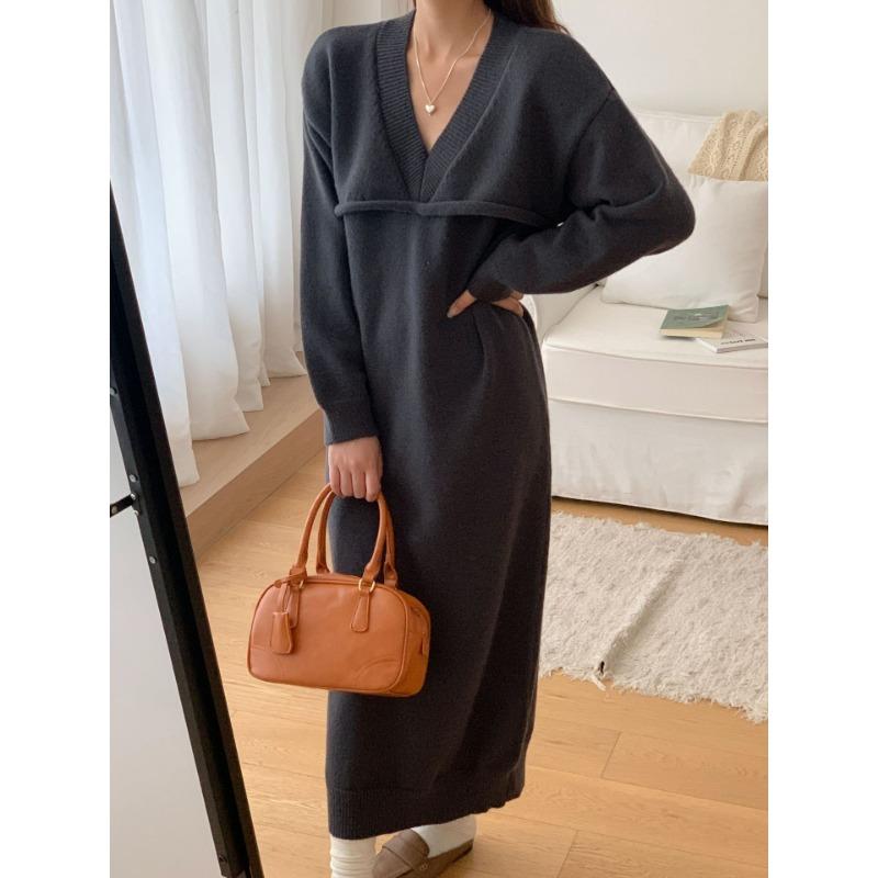 

Ретро длинный свитер-обманка из двух частей, платье с длинным рукавом, свободный и ленивый стиль, тонкий универсальный пуловер, женский average size