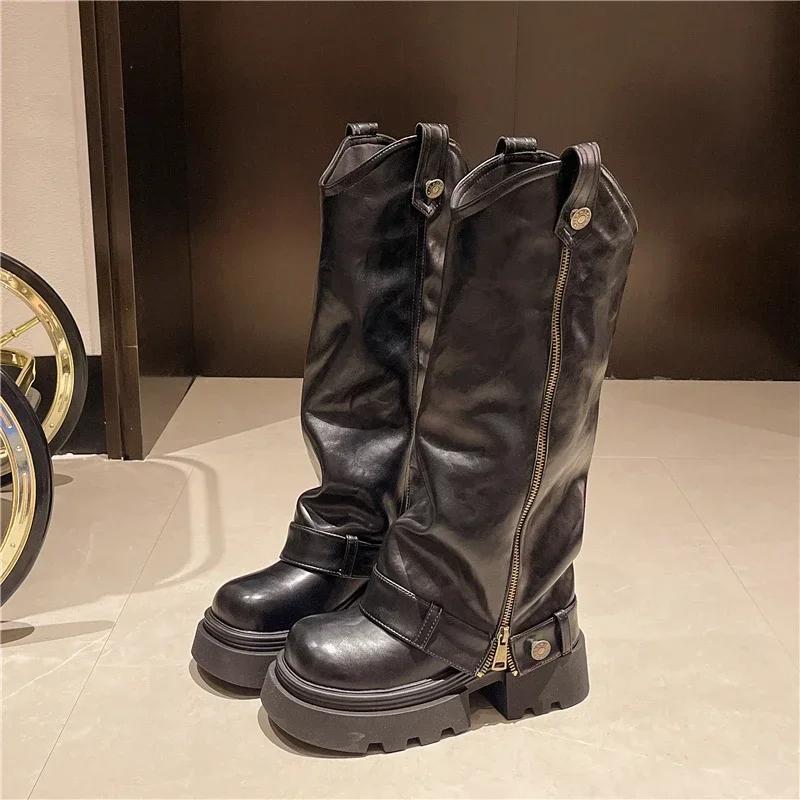 Fashion Women's Boots 2025 New Style Retro High Western Boots for Autumn and Winter Fashion Versatile Female Knight Boots
