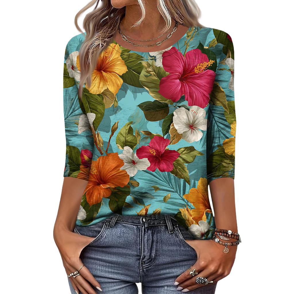 Hauts Bohèmes pour Femmes Chemisier Décontracté à Imprimé Feuilles Col Rond Hauts d'Été pour Femmes Hauts Tendance de Printemps pour Femmes Hauts à Manches Courtes pour Femmes