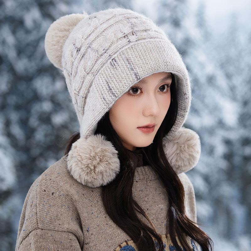 Cute Hairball Knitted Thermal Hat Women's Plush Thickened Ear Protector Wool Hat