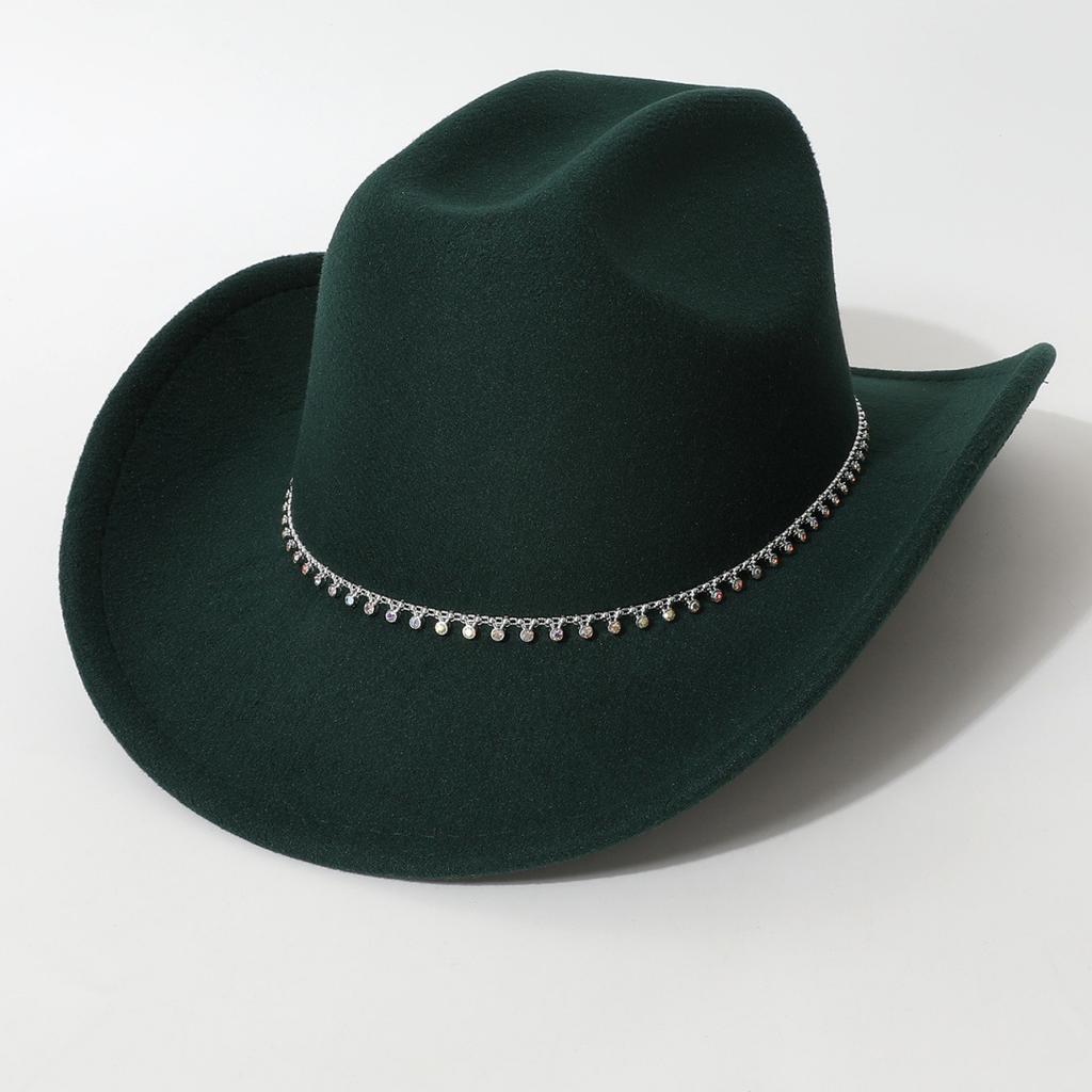 New European and American style flat-top woolen hat, western cowboy hat, unisex hat, equestrian hat with single row of rhinestones