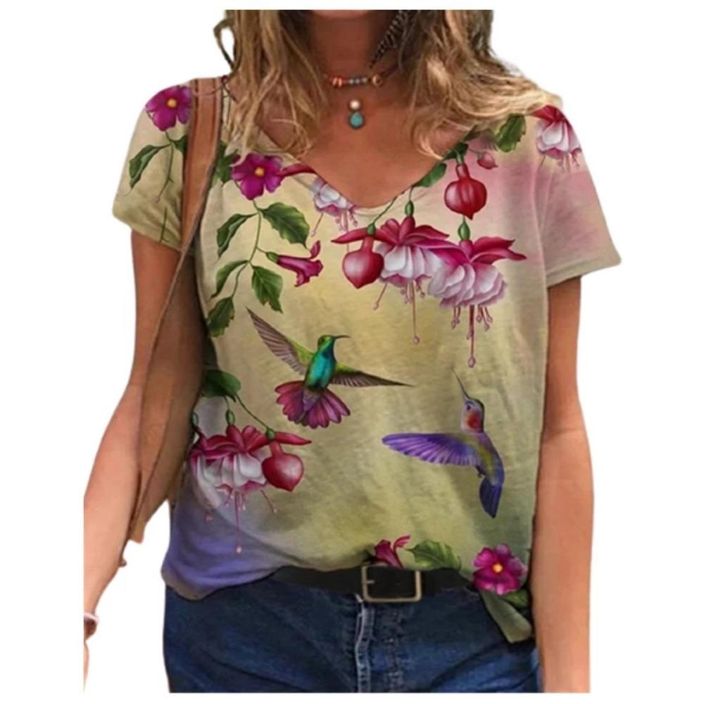 Casual Summer T-shirt 2025 New Women's 3d Floral Print T-shirt Ladies Street Wear Short-sleeved V-neck Top
