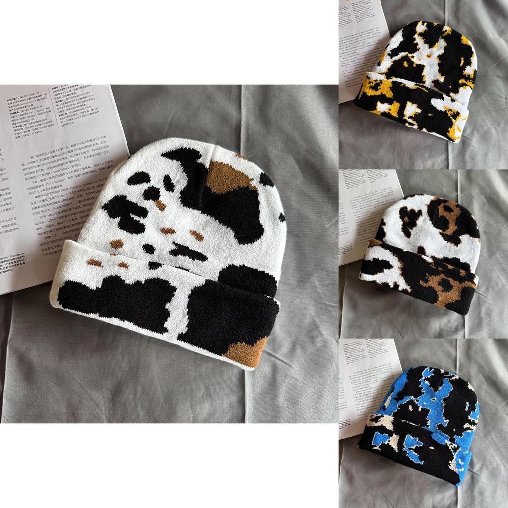 Cow Pattern Knit Cap For Winter Fashion Unisex Cozy Autumn Headwear