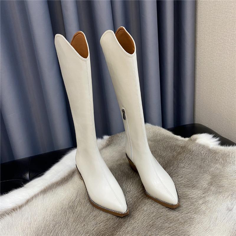 Cowhide version~ leather V-mouth western cowboy boots women's high heel pointed knight boots long boots high boots zipper long boots