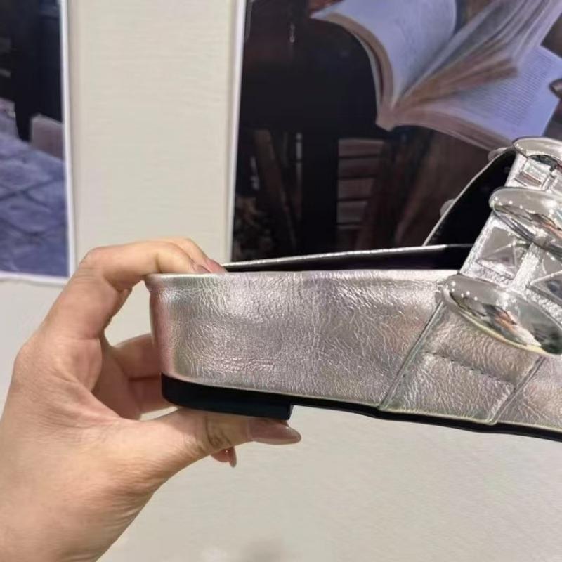 Fashion Women's Inner Height Flats Summer New Square Head Shallow Mouth Glitter Buckle Soft Sole Anti-slip Wear-resistant Slippers