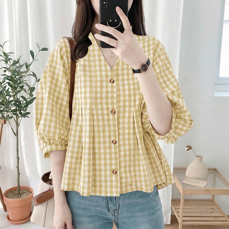 ZANZEA Women Casual V-Neck Grid Print Loose 3/4 Sleeve Blouse M
