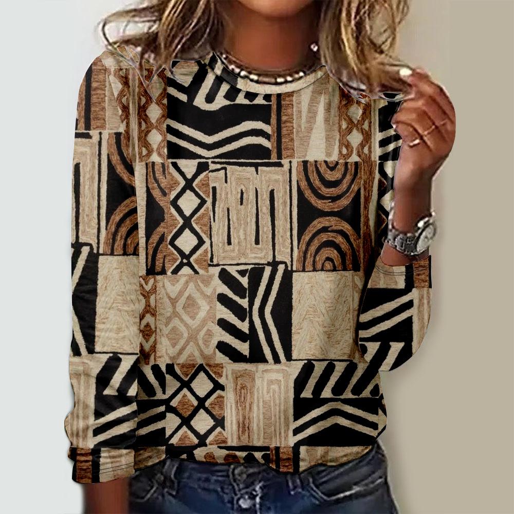 Round Neck 3D Ethnic Geometric Pattern Printed Top Fashionable Casual Long Sleeved Women's T-shirts