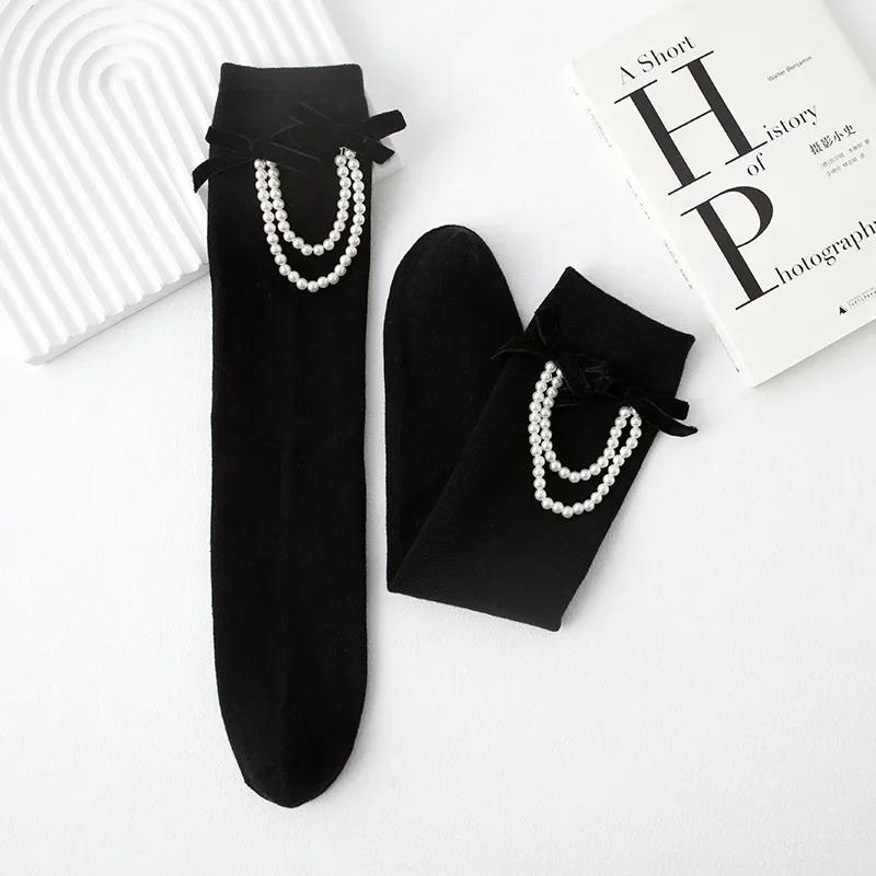 Elegant Princess Kids Girl Knee High Sock Simplicity Black White Color Pearl Bow Calf Children Sock Soft Cotton School Pile Sock