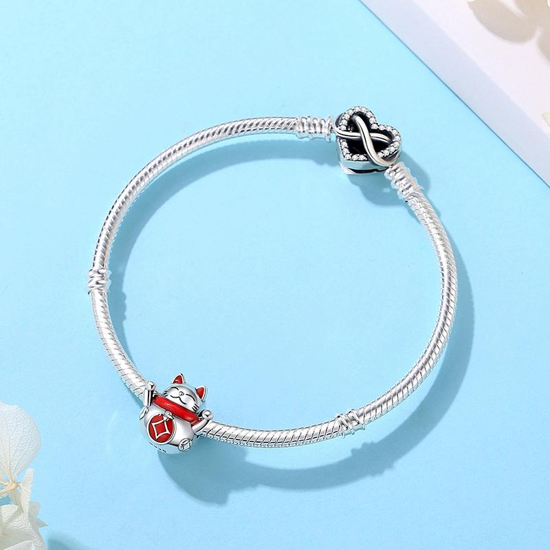 Original 925 Sterling Copper Charms Maneki Neko Lucky Fortune Cat Beads Pave CZ Fit Brand Bracelets Necklaces Women Zircon