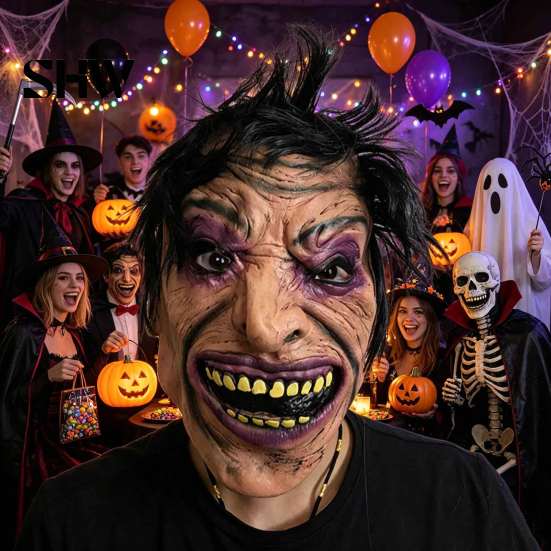 Realistic Latex Grimace with Messy Hair Scary Halloween Masque, Creepy Full Face Masque Vampire for Costume, Cosplay Party, Haunted House Party
