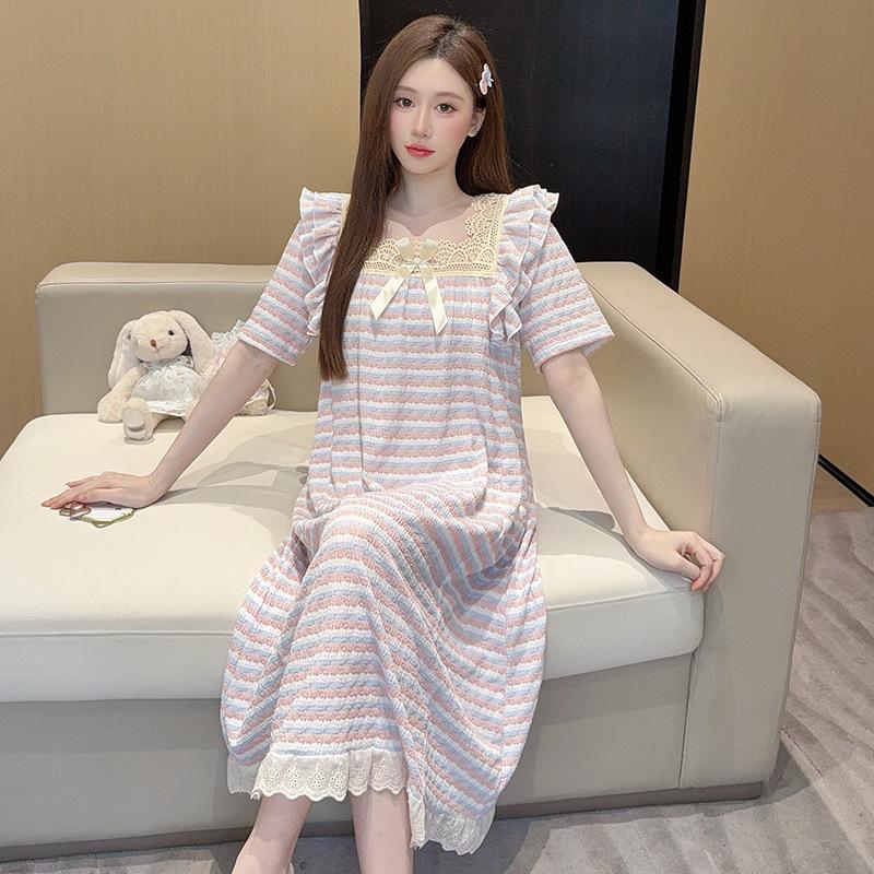 2026 Elegant French Court-Style Yarn-Dyed Cotton Nightgown: High-End, Sweet Homewear