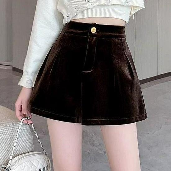 

Gold Velvet High-Waist A-Line Bootcut Shorts, Autumn/Winter 2025 Collection - Slimming, Casual, Wide-Leg Design XL