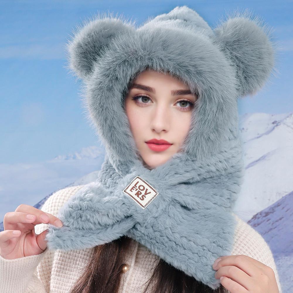 Warm Plush Hat for Women In Winter Plush Thickened Cold Protection Versatile Scarf Hat Integrated Furry Ear Protection Hat