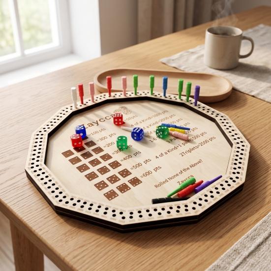 Farkle Dice Tray Kit Wooden Tray, with 6 Dice, 8 Colorful Pegs, Multi-player Interactive Family Board Game Game, Classic Tabletop for Travel