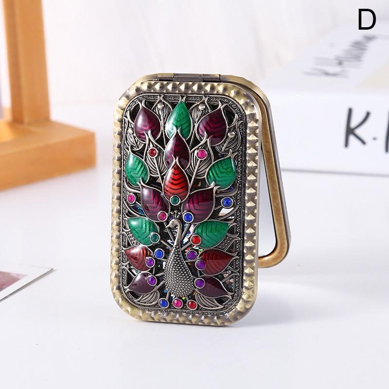 Foldable Retro Handheld Makeup Mirror Peacock Printed Compact Pocket Mirror Double Sided Rectangular Makeup Dressing Mirror