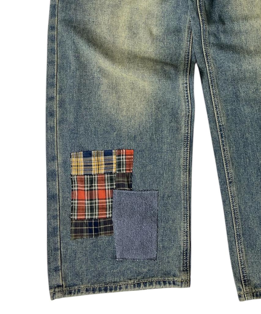 SK8ER ROCK Patchwork Denim Wide Pants ((Beige Indigo))