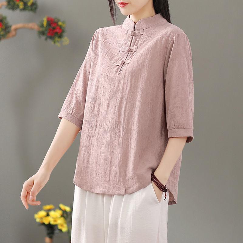 Blusa de Lino para Mujer Estilo Chino Cuello Mandarín Botón de Rana Manga Media Casual Primavera Verano