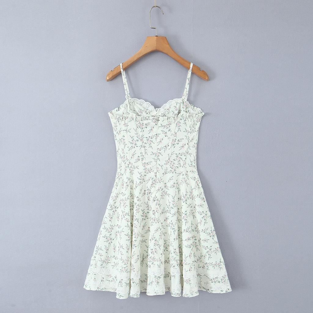 French retro girl V-neck chest wrap fresh floral suspender skirt design slim and thin waist short dress dress