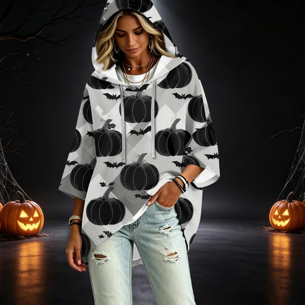 Women's Three-Quarter Sleeve Hoodie with Halloween Print Pullover Top