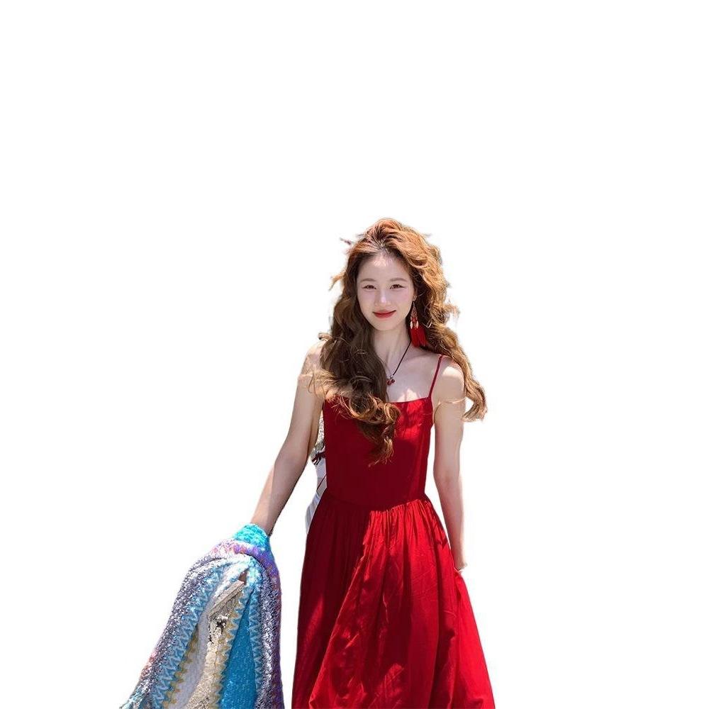 Temperament Fashionable Wear French Red Suspender Dress Female Sexy Backless Suitable for Seaside Vacation Photo Skirt