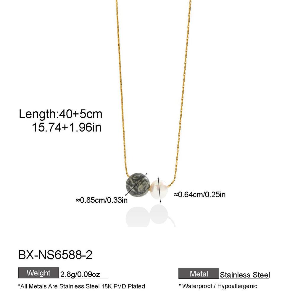 French Natural Stone & Freshwater Pearl Necklace - 18K Gold Plated Stainless Steel Clavicle Chain, Simple & Elegant for Daily Wear