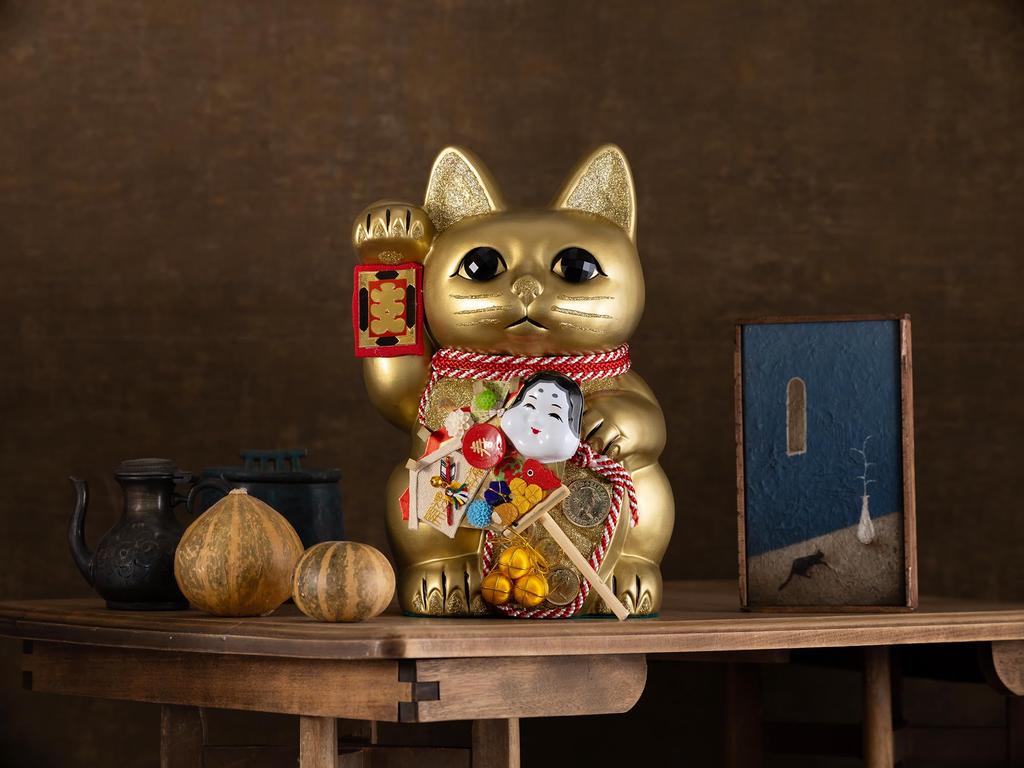 Glückskatze Rechte Pfote Glücklich Gutes Feng Shui Opferbox Katze, (Größe L, Gold) Erhöht/Keramik - Katze, Maneki-neko, Glück, Figur, (fa_L Gold)