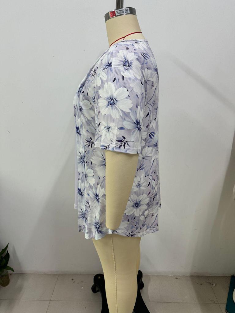 2025 Spring/Summer Women's Fake Two-Piece Short-Sleeve Button Print Top