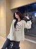 Women's 2025 Korean Style Cartoon Print Round Neck Sweatshirt - Autumn/Winter Velvet Loose Fit