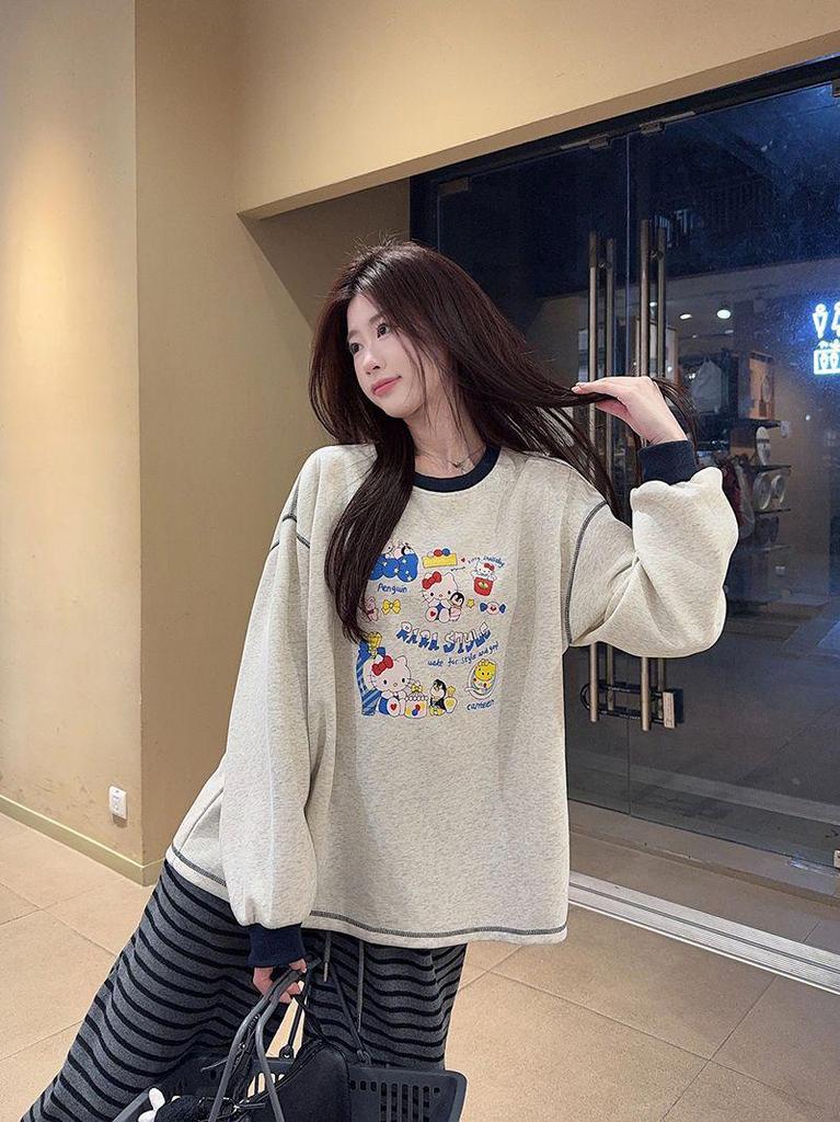 Women's 2025 Korean Style Cartoon Print Round Neck Sweatshirt - Autumn/Winter Velvet Loose Fit