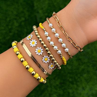 7Pcs/Set Kpop Sunflower Flat Snake Chain Bracelets for Women Trendy CCB Beads Charm Bangles Couple Friends Jewelry Accessories